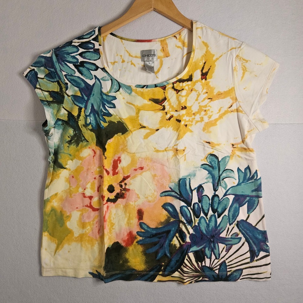 Chicos Floral Pima Cotton Blend Scoop Neck Short Sleeve Top Yellow Blue Size 3 L